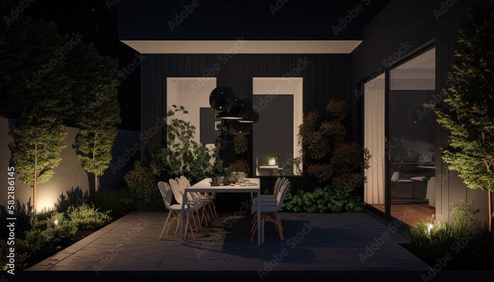 Fototapeta premium Ultra modern home with luxury patio after the sun went down