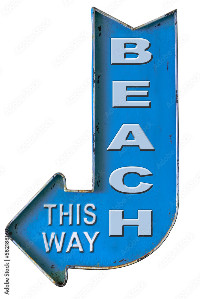 Beach this way, La plage, c’est par ici-bas, signalétique sur fond blanc Beach this way, La plage, c’est par ici-bas, signalétique sur fond blanc