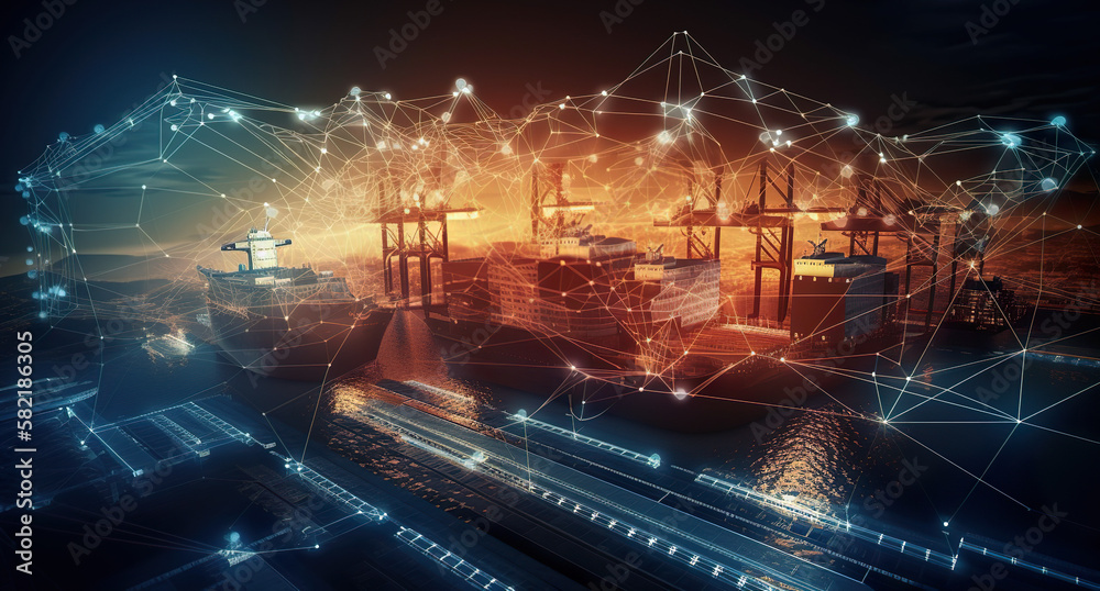 Container storage at the port using modern technology at night. Cargo ship import export global business trade. Container freight transport in the industrial port. AI generated illustration. - obrazy, fototapety, plakaty 