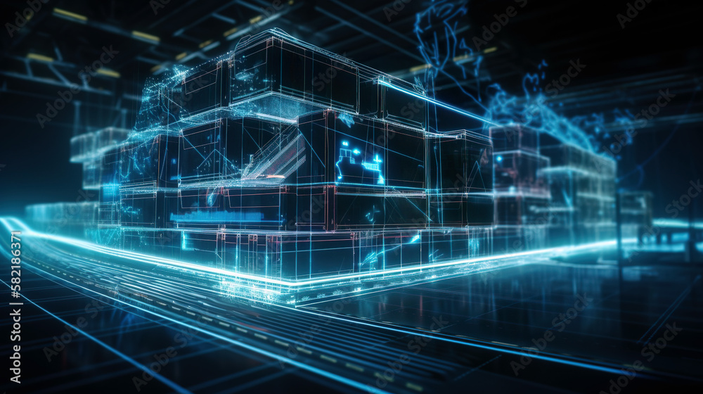 Fototapeta premium Container storage at the port using modern technology at night. Cargo ship import export global business trade. Container freight transport in the industrial port. AI generated illustration.
