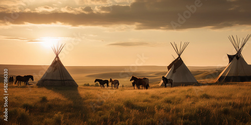 Illustration of traditional tipis on the open plains,  Generative AI.