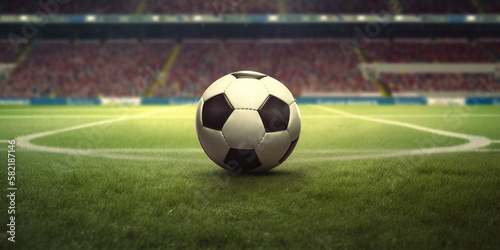 Soccer ball in the stadium. Sport background generative ai. Soccer