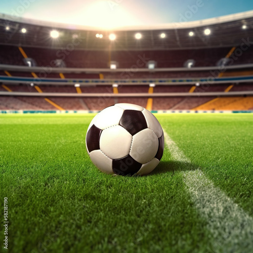Soccer ball in the stadium. Sport background generative ai. Soccer
