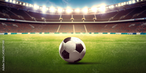 Soccer ball in the stadium. Sport background generative ai. Soccer © Aquir