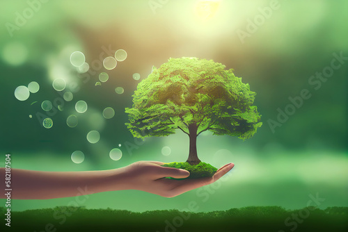 Technology, hand holding with environment Icons over the Network connection on green background. Generative Ai