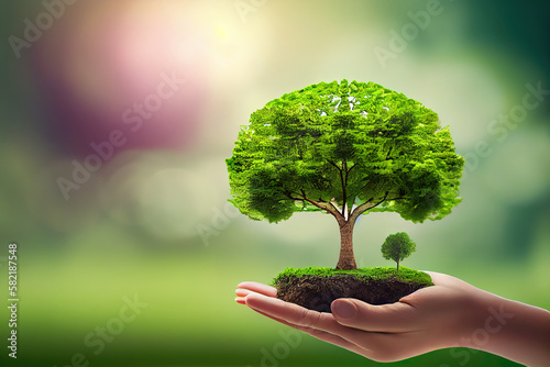 Environment day concept. hands holding tree and earth globe over green nature background. Generative Ai