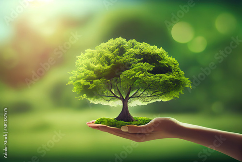 Environment day concept. hands holding tree and earth globe over green nature background. Generative Ai