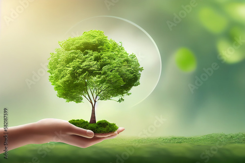 Environment day concept. hands holding tree and earth globe over green nature background. Generative Ai