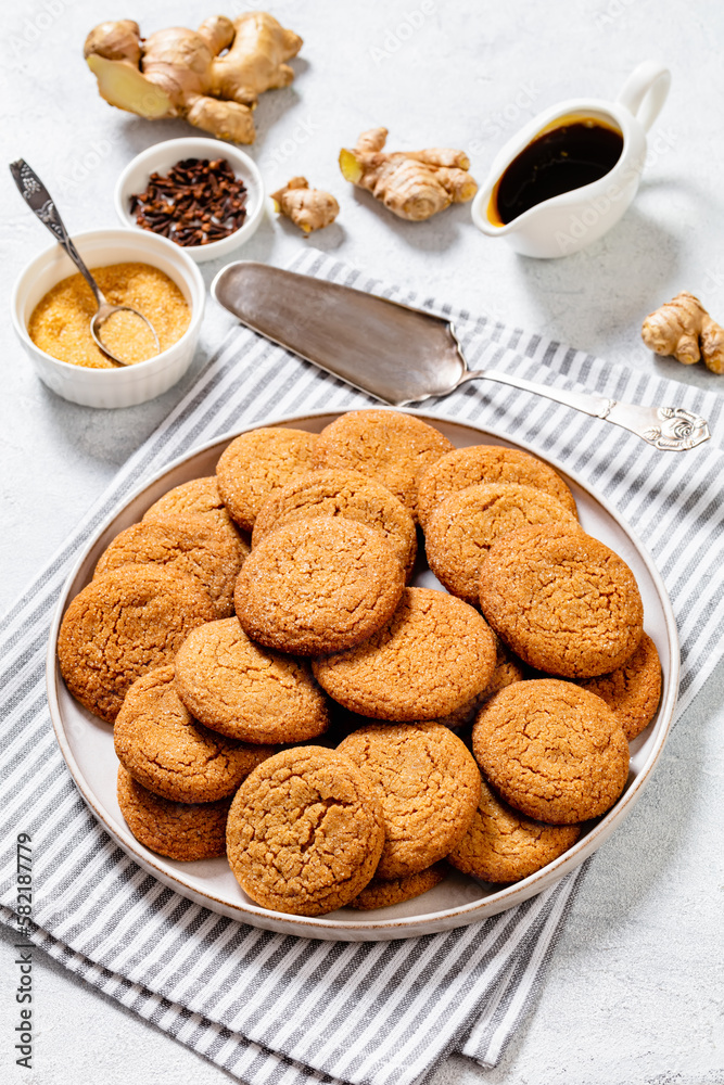sweet soft ginger cookies on plate, top view sweet soft ginger cookies on plate, top view