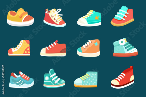 Baby sport shoes vector set isolated on a white background. Cartoon flat vector illustration © AlexxxA