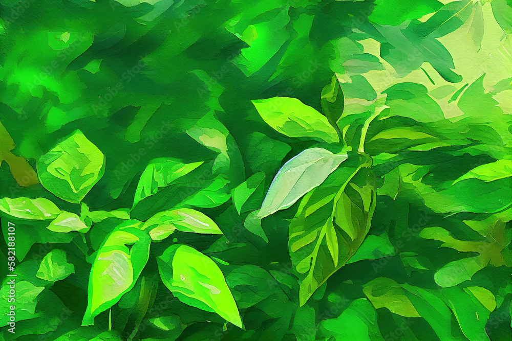 Nature of green leaf in garden at summer.wallpaper, watercolor oil painting effect. Generative Ai