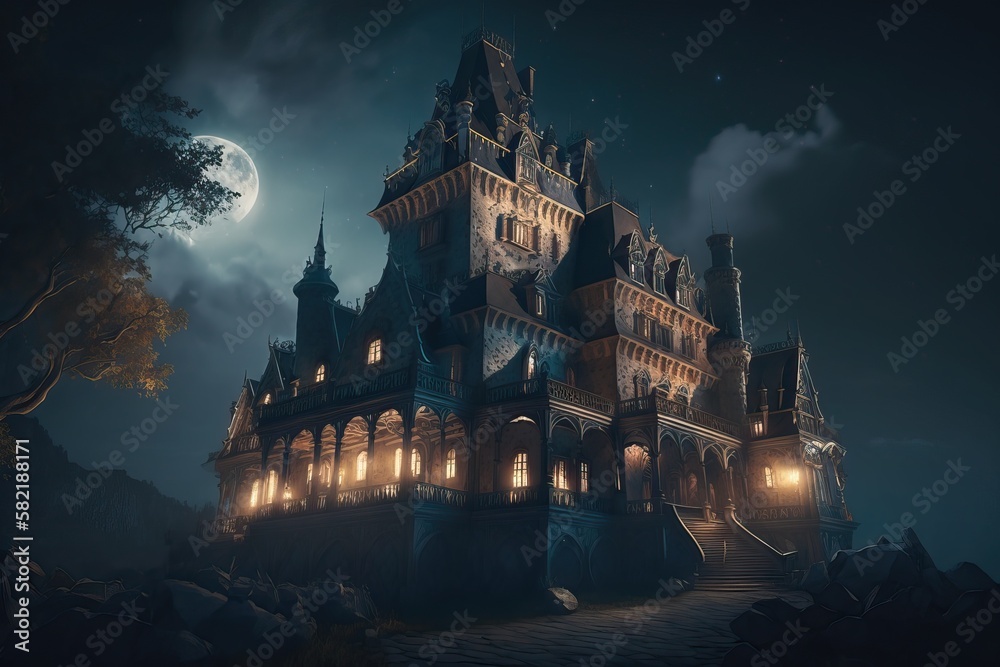 gloomy castle at night with a very gothic atmosphere, generative ai