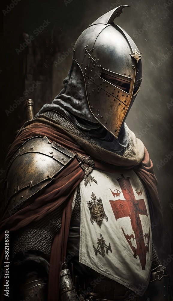 Medieval knight in full armor with the templars cross in the crusade ...