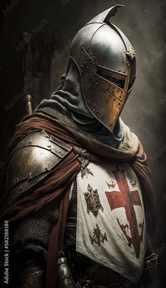 Medieval knight in full armor with the templars cross in the crusade,  generative ai Stock Illustration | Adobe Stock