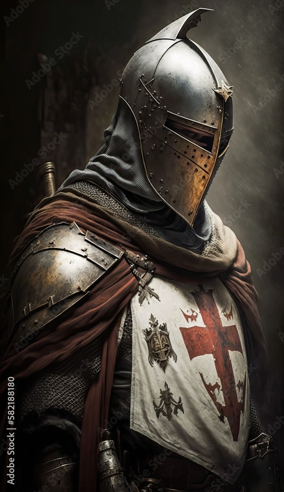 Medieval knight in full armor with the templars cross in the crusade, generative ai