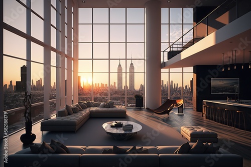 Luxury lifestyle, magnificent penthouse overlooking Manhattan at sunrise, generative ai