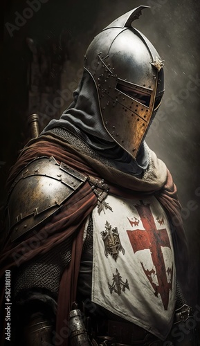 Medieval knight in full armor with the templars cross in the crusade, generative ai photo