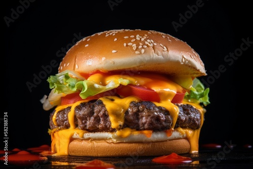 Cheeseburger mit einem saftigen Rindfleisch Patty und Käse, Tomaten, Gurken und Salat in einem Broiche Bun photo