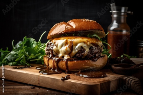 Cheeseburger mit einem saftigen Rindfleisch Patty und Käse, Tomaten, Gurken und Salat in einem Broiche Bun
