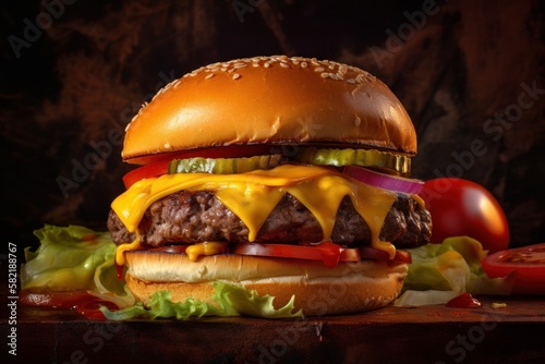 Cheeseburger mit einem saftigen Rindfleisch Patty und Käse, Tomaten, Gurken und Salat in einem Broiche Bun