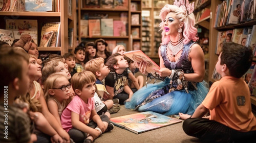 Photo Drag Queen Reading A Book to Several Young Children in a Bookstore
