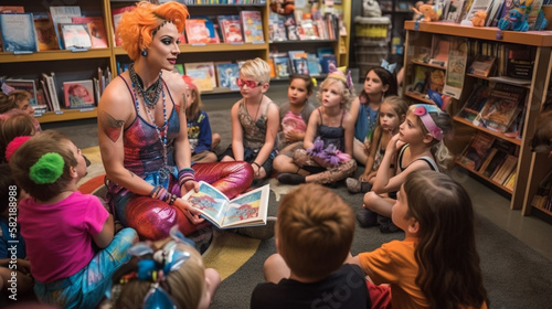 Drag Queen Reading A Book to Several Young Children in a Bookstore.