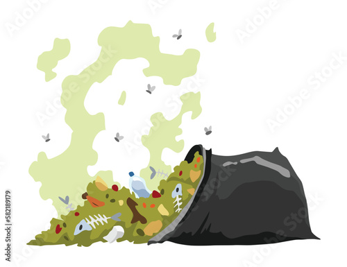 Garbage or waste icon. Plastic garbage container with unsorted trash. Rubbish bag that smells ugly and started to decompose. Ecology and environment concept. Isolated on white background