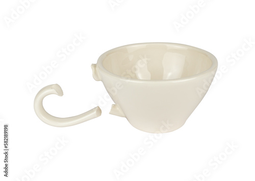 White porcelain cup with broken holder on transparent background