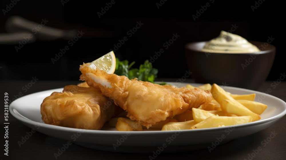 Timeless Delight: A Classic Plate of Fish and Chips, Generative AI Timeless Delight: A Classic Plate of Fish and Chips, Generative AI