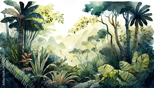 Watercolor illustration lush Amazon forest landscape  painted in harmonious colors  picturesque  calming natural environment. Intricate details and textures of the foliage and wildlife. Generative AI.