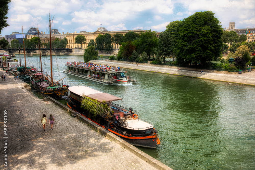 Boats on the River Seine in Paris, France, on a Summer Day