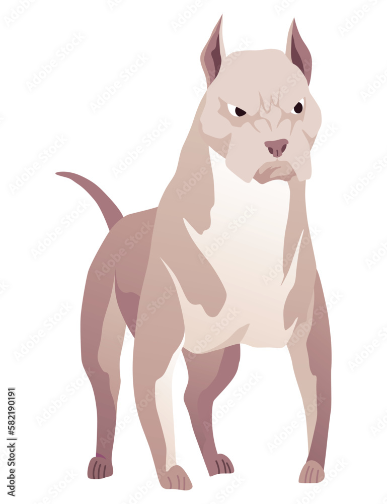 Angry dog. Mad animal with sharp teeth. Dangerous cartoon pet. Vector dog in action poses standing. Aggressive pooch isolated on white background