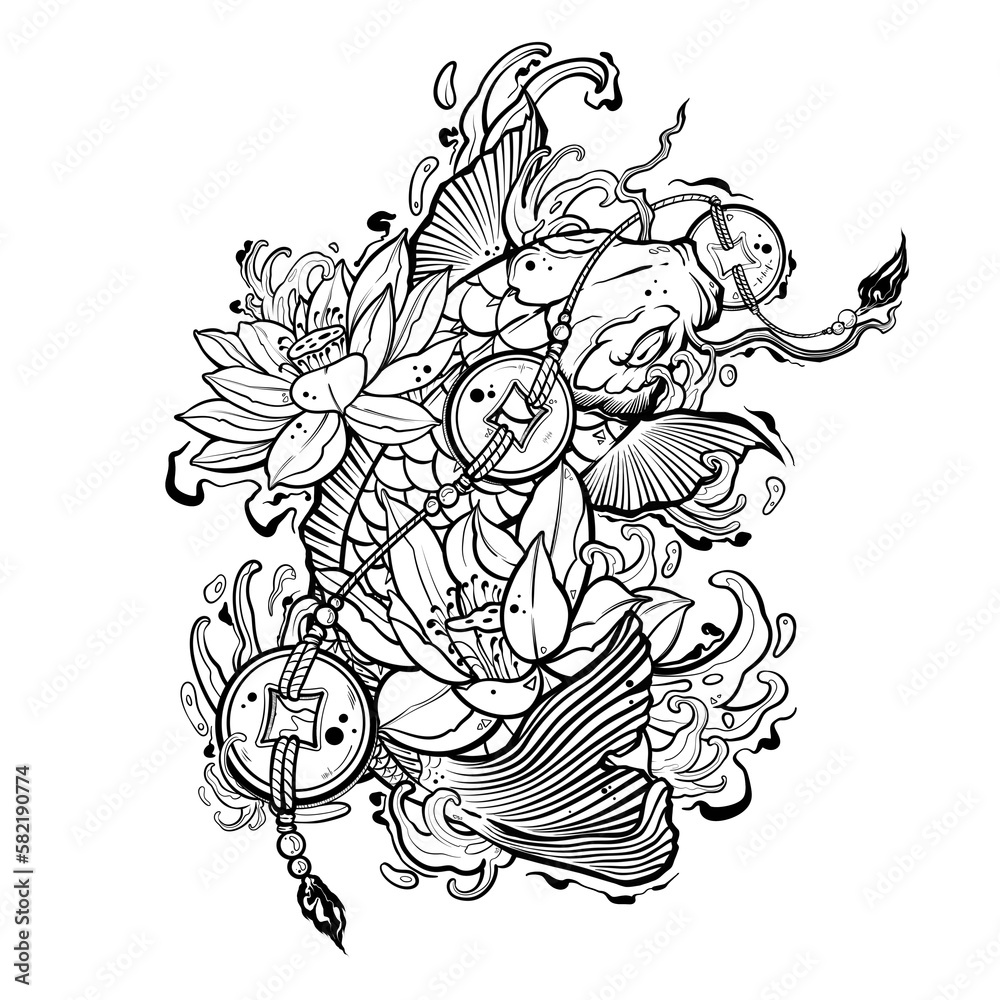 hand drawn illustration of a flower. Asian style koi fish tattoo