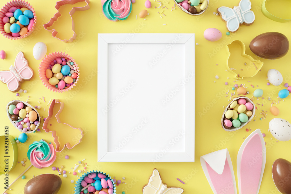 Easter concept. Flat lay composition made of white photo frame chocolate eggs rabbit bunny ears butterfly cookies сolorful candies baking molds and sprinkles on pastel yellow background Easter concept. Flat lay composition made of white photo frame chocolate eggs rabbit bunny ears butterfly cookies сolorful candies baking molds and sprinkles on pastel yellow background