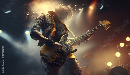 Rocking the Stage: A Yellow Smokey Concert with an Electric Guitar. Generative Ai.