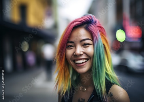 Portrait of Asian woman with colorful hair. Generative AI. 