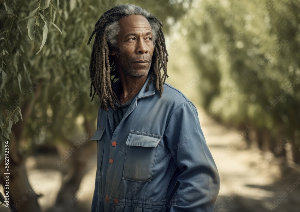 Fototapeta premium Middle aged black man farmer at almond tree farm. Generative AI.