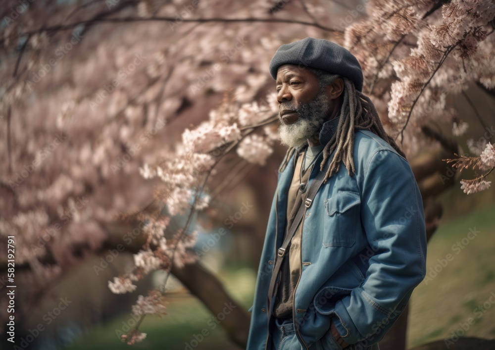 Dreadlock black man at nature full of cherry blossom trees. Generative AI.