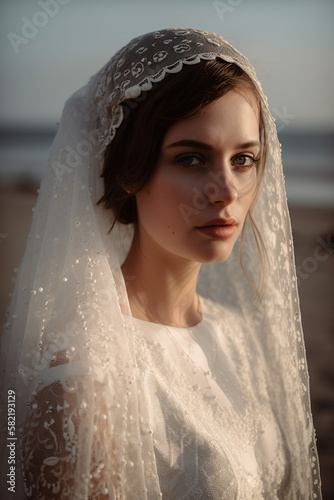 Photo of a bride in her wedding dress in the beach.