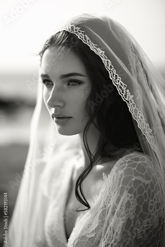 Photo of a bride in her wedding dress in the beach.