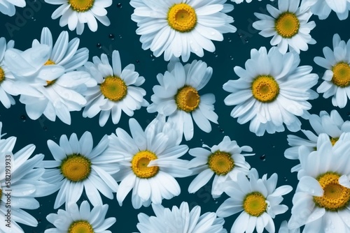 Delicate white daisies with yellow centers on a soft blue background  seamless pattern texture Generative AI