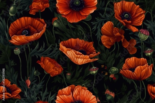 Vibrant orange and red poppy flowers on a black background  seamless pattern texture Generative AI