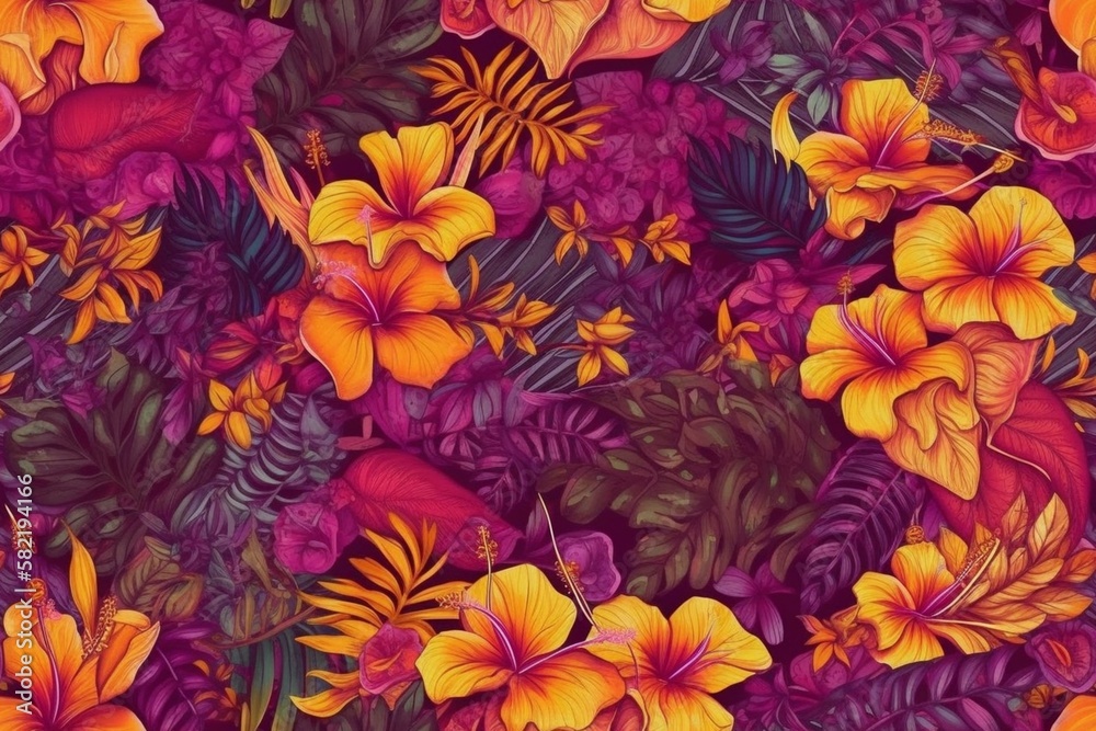 Exotic and colorful tropical flowers in shades of pink, purple, and yellow, seamless pattern texture Generative AI