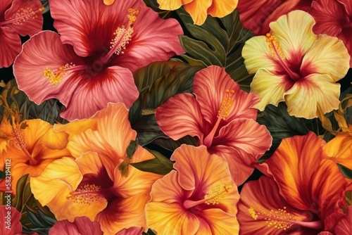 Exotic and tropical hibiscus flowers in shades of pink  orange  and yellow  seamless pattern texture Generative AI