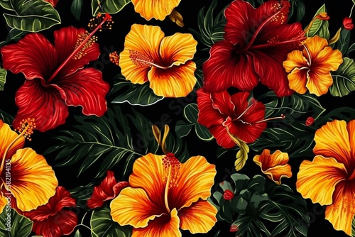 Bold and vibrant red and yellow hibiscus flowers on a black background, seamless pattern texture Generative AI