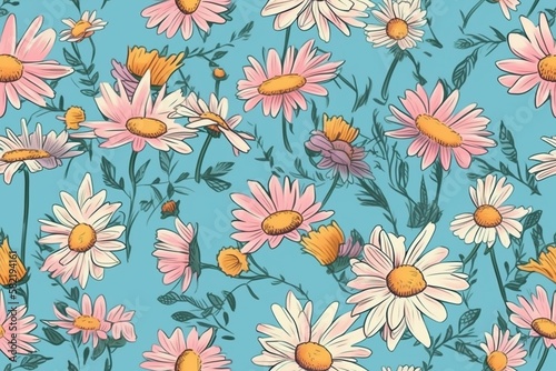 Playful and cute pink and yellow daisy flowers on a light blue background  seamless pattern texture Generative AI