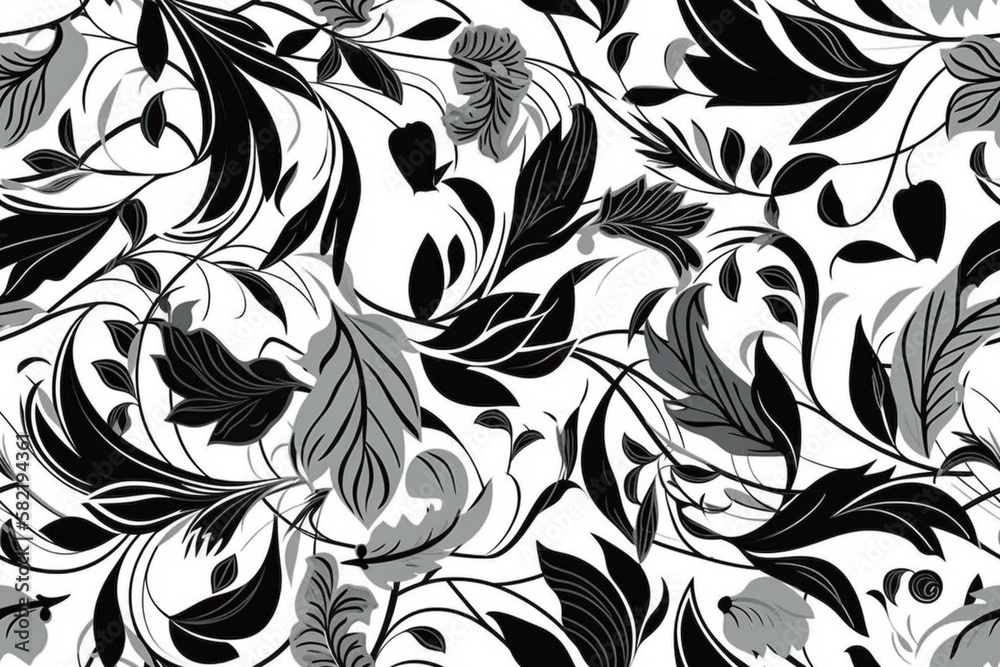 Elegant and sophisticated abstract floral shapes in shades of gray and black, on white background, seamless pattern texture Generative AI