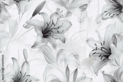 Soft and subtle gray and white lily flowers with delicate stems, on white background, seamless pattern texture Generative AI