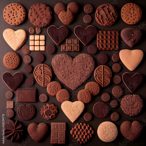A set of chocolate and sponge cookies - round, square and in the form of hearts. AI.