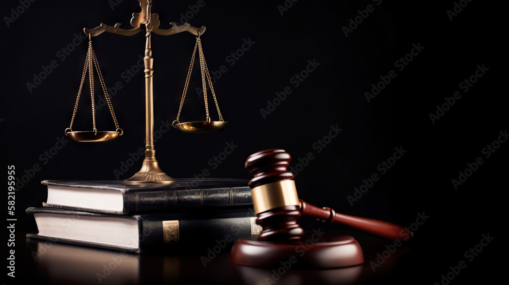 Judge gavel, law scales and books on black background. Law concept of Judiciary, Jurisprudence and Justice. Copy space. Based on Generative AI Judge gavel, law scales and books on black background. Law concept of Judiciary, Jurisprudence and Justice. Copy space. Based on Generative AI